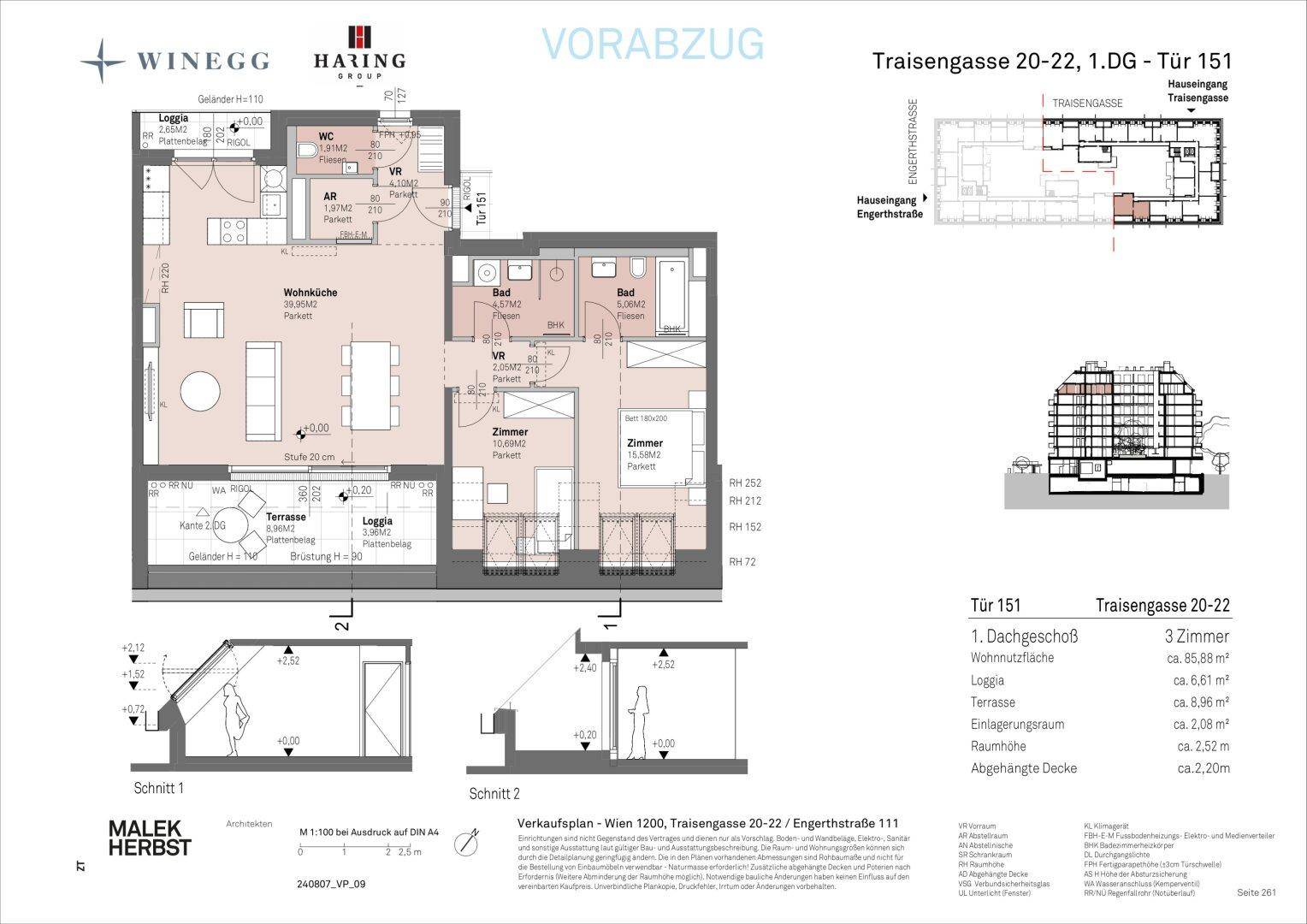 Detaillierter Grundriss einer Dachgeschosswohnung mit offener Wohnküche, zwei Bädern, separatem WC und großer Terrasse.