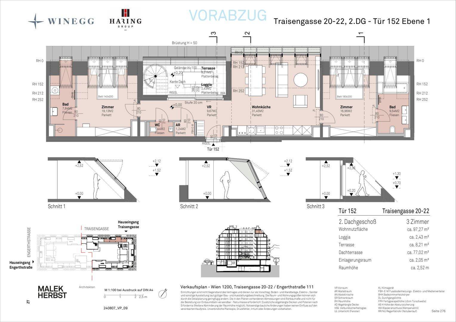 Detaillierter Grundriss einer Wohnung mit Schlafzimmern, Bädern, Wohnküche und Zugang zu Terrasse und Loggia.