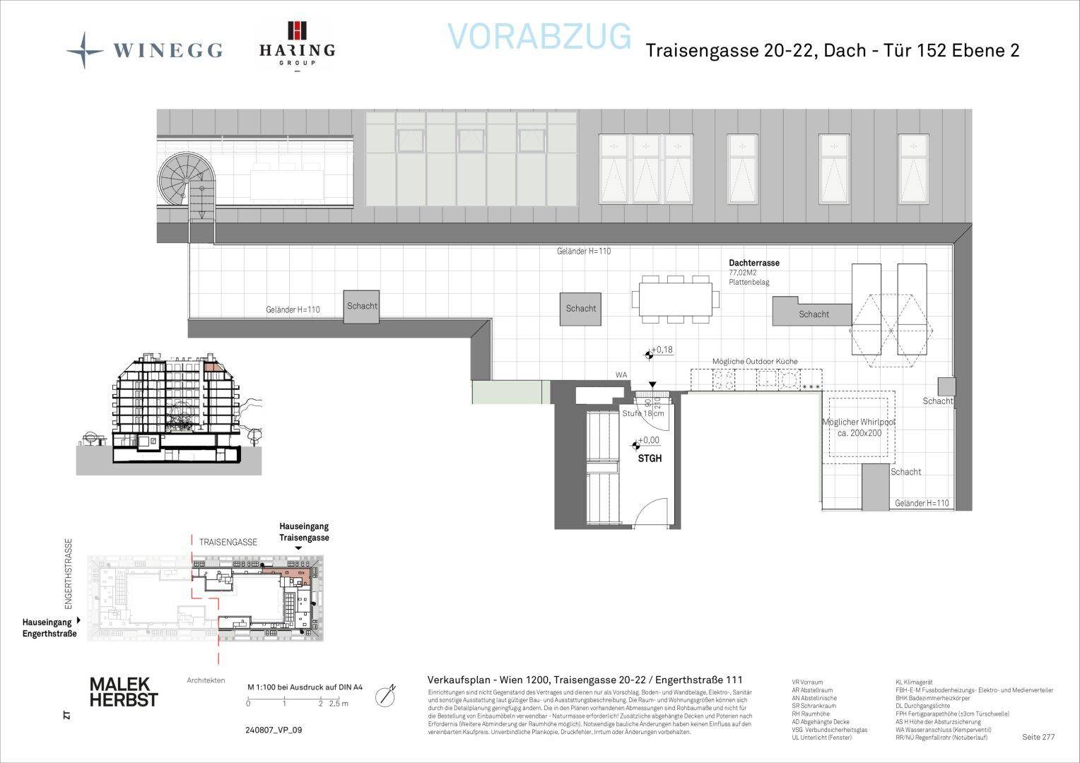 Grundriss mit großzügiger Dachterrasse, offenem Wohnbereich und optionaler Außenküche.