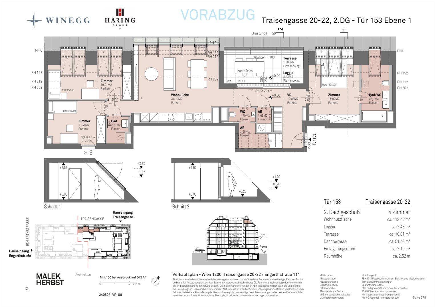 Detaillierter Grundriss einer 4-Zimmer-Wohnung mit großzügiger Terrasse und Loggia im 2. Dachgeschoss.