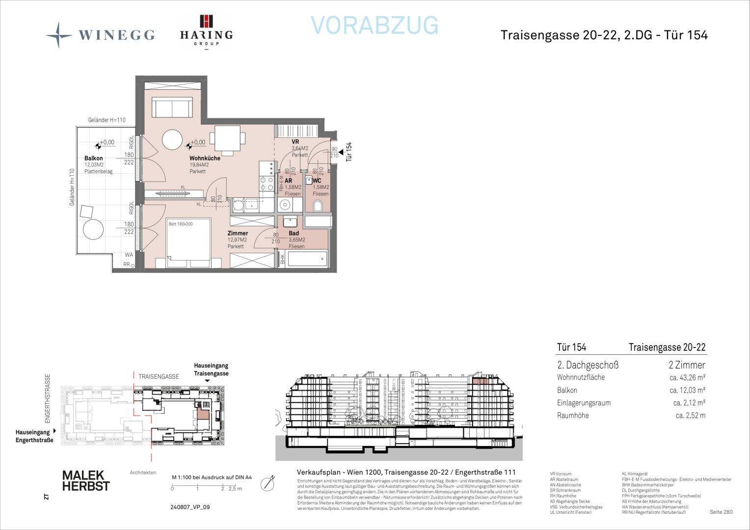 Grundrissplan einer Wohnung mit offener Wohnküche, einem Schlafzimmer, Bad, separatem WC und Balkon.