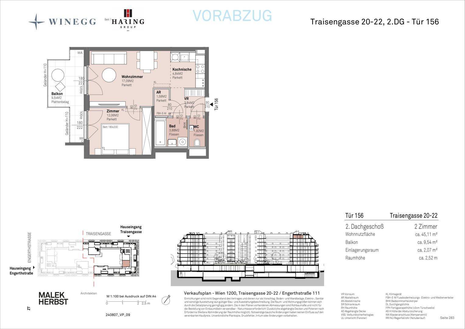Detaillierter Grundrissplan einer modernen Wohnung mit offenem Wohnbereich, Balkon und separatem WC.