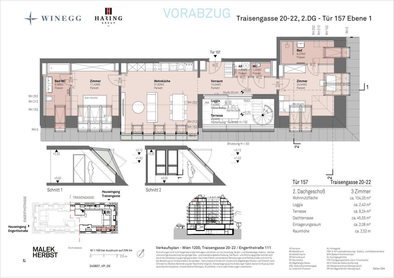 Dieser Grundriss zeigt eine mehrräumige Wohnung mit Loggia, Terrasse und internen Treppen zu einer oberen Ebene.