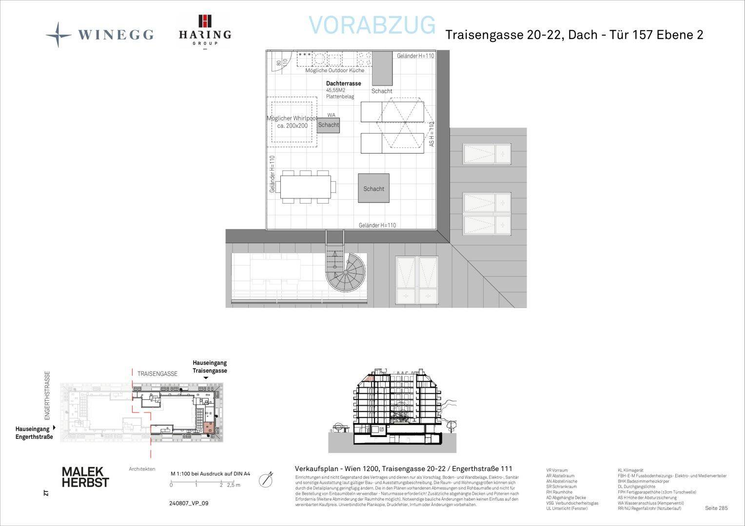 Dieser Grundriss illustriert die obere Ebene einer Wohnung mit einer großzügigen Dachterrasse und Außenküche.