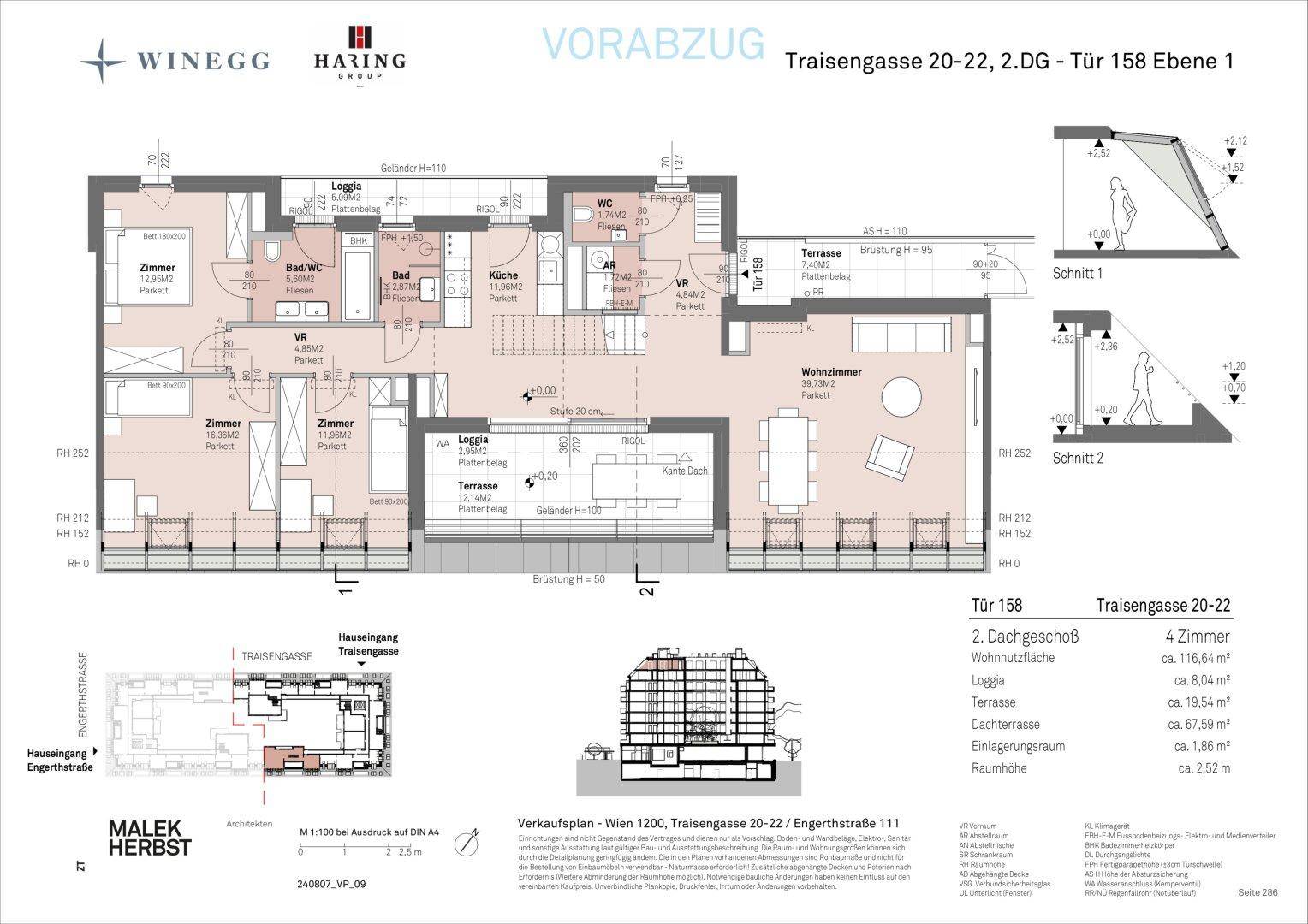 Detaillierter Grundriss einer 4-Zimmer-Wohnung mit großzügiger Terrasse und Loggia im 2. Dachgeschoss.
