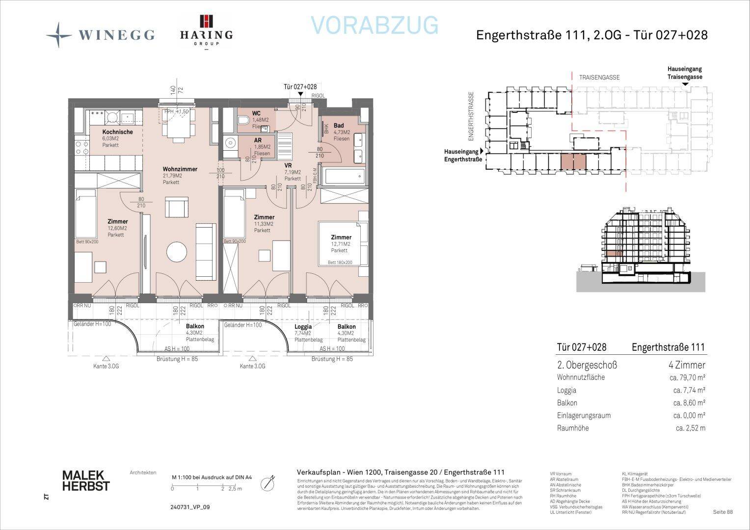 Detaillierter Grundriss einer 4-Zimmer-Wohnung mit Balkon, Loggia und offenem Wohnbereich.