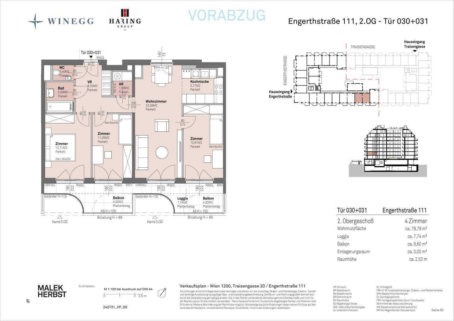 Grundriss einer 4-Zimmer-Wohnung mit offenem Wohnbereich, separatem WC, Bad mit Wanne und Dusche sowie Balkonen und Loggia.