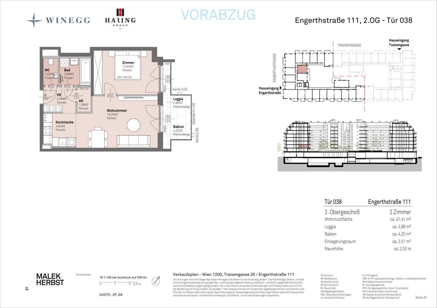 Detaillierter Grundriss einer Wohnung mit Loggia und Balkon sowie Gebäudestruktur.