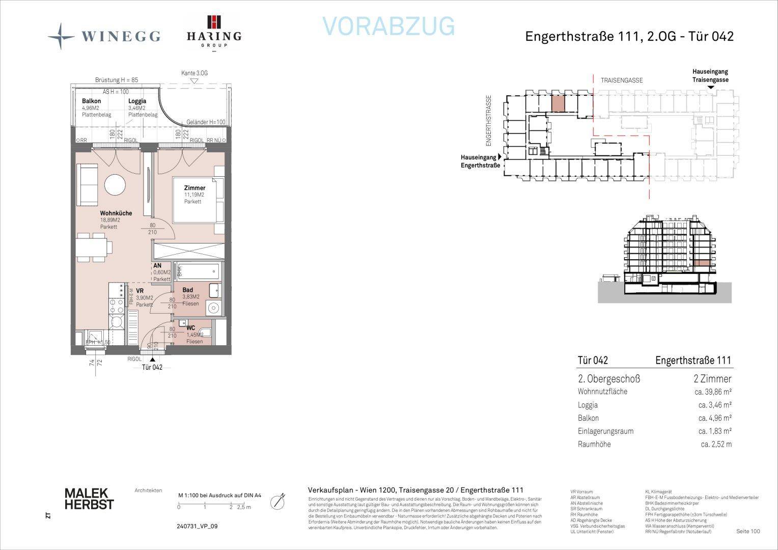 Detaillierter Grundriss einer 2-Zimmer-Wohnung mit Loggia und separatem WC.