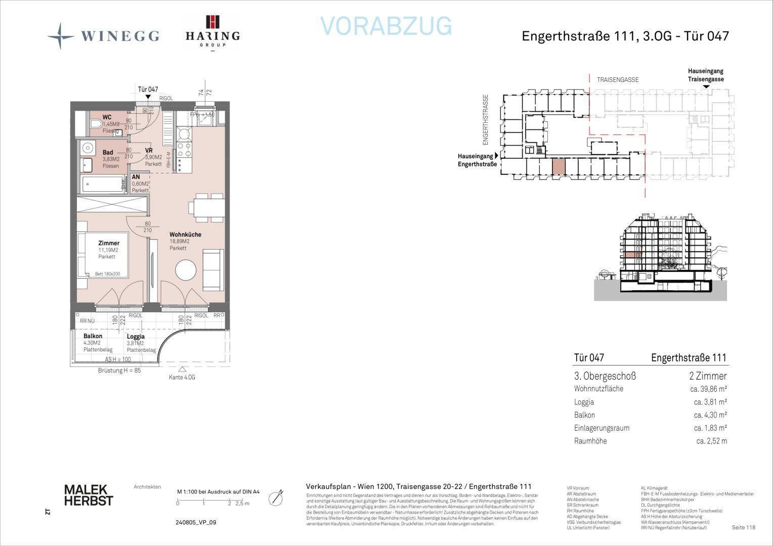 Detaillierter Grundriss einer Wohnung mit Wohnküche, Schlafzimmer, Bad und Loggia.