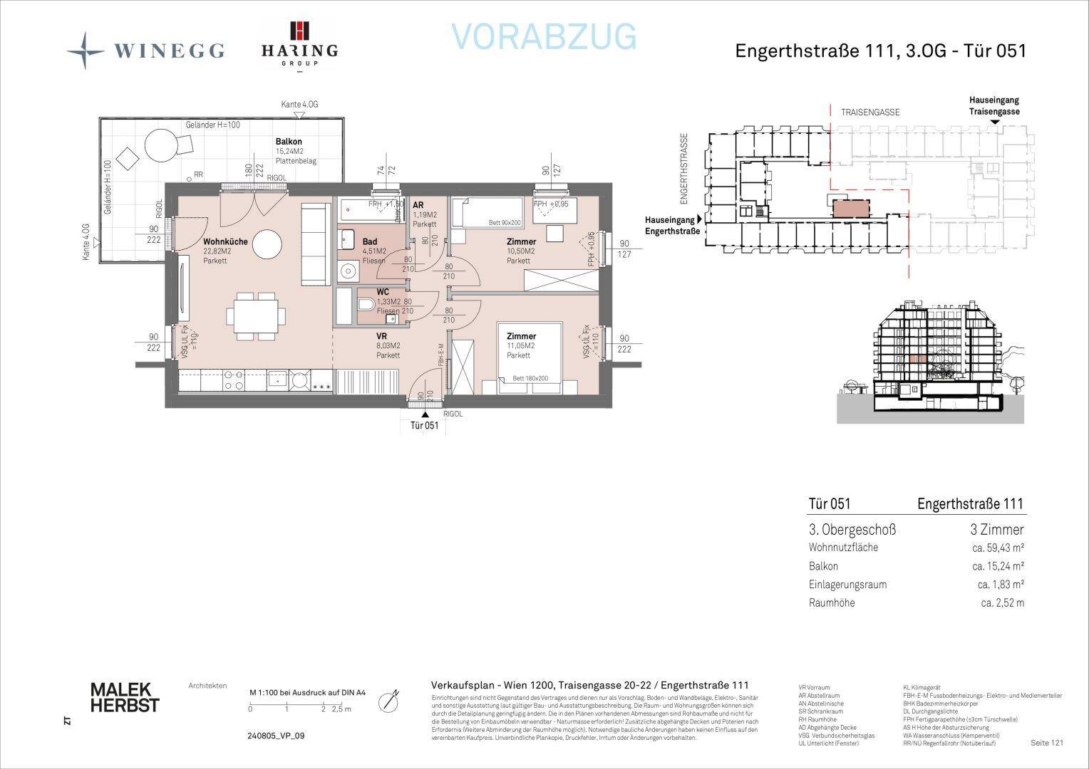 Grundriss einer 3-Zimmer-Wohnung mit offener Wohnküche, Balkon und separatem WC.