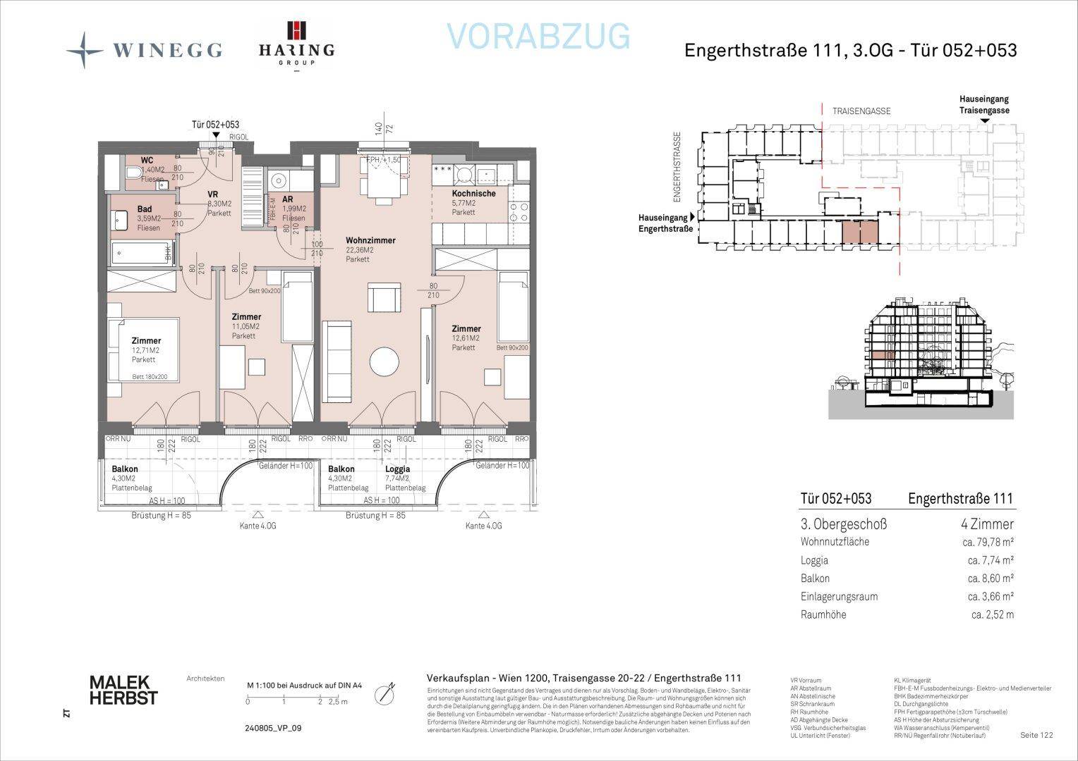Detaillierter Grundriss einer Wohnung mit drei Zimmern, Balkonen und Loggia.