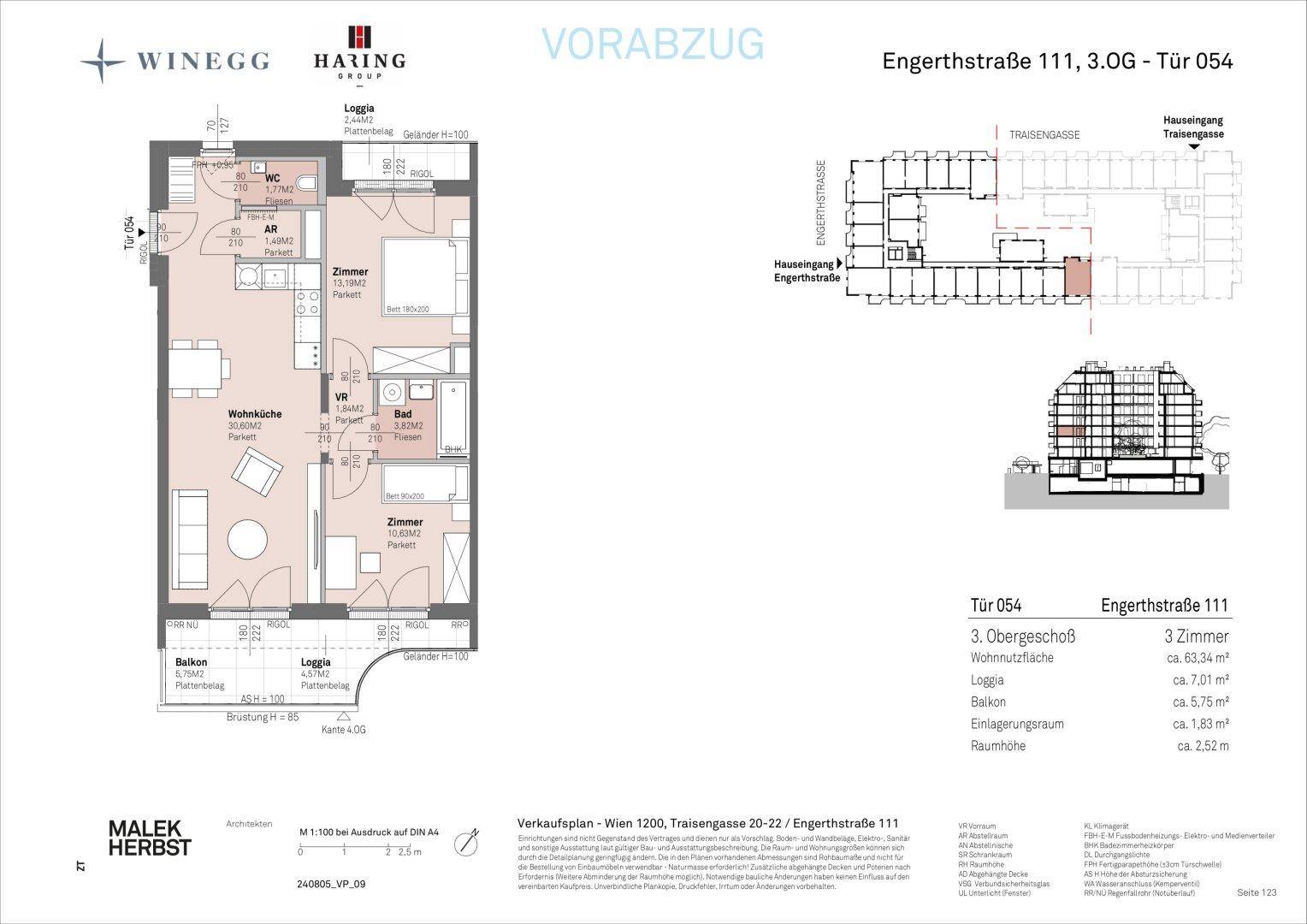 Detaillierter Grundriss einer Wohnung mit drei Zimmern, Loggia und Balkon.