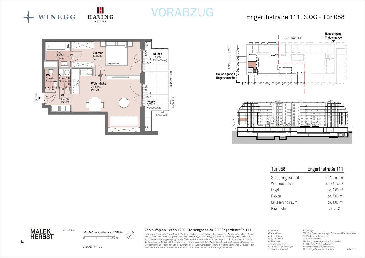 Grundriss einer modernen Wohnung mit offener Wohnküche, Schlafzimmer, Bad, separatem WC, Balkon und Loggia.