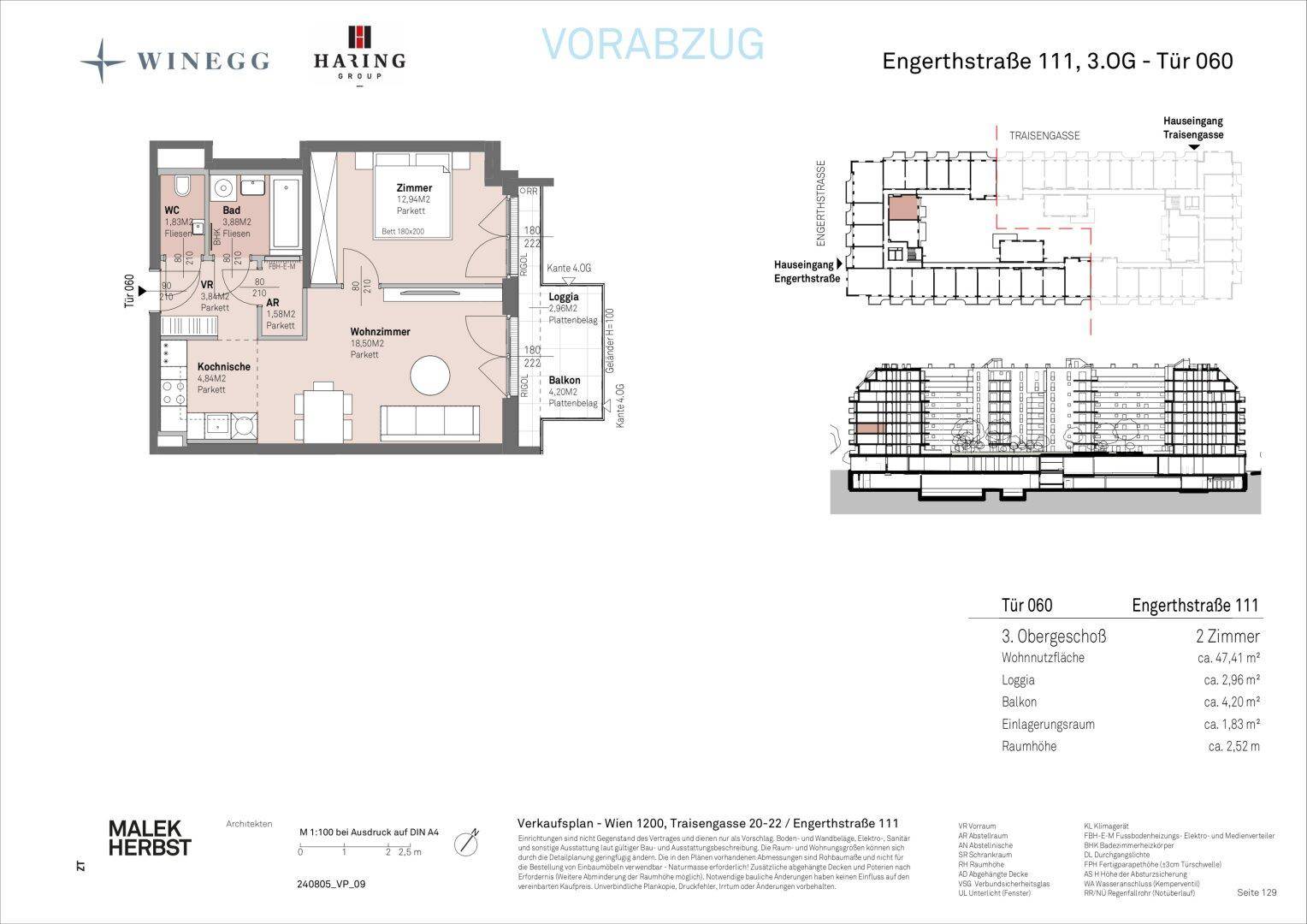 Detaillierter Grundrissplan einer Wohnung mit offener Wohnküche, einem Schlafzimmer, Bad, separatem WC, Loggia und Balkon.