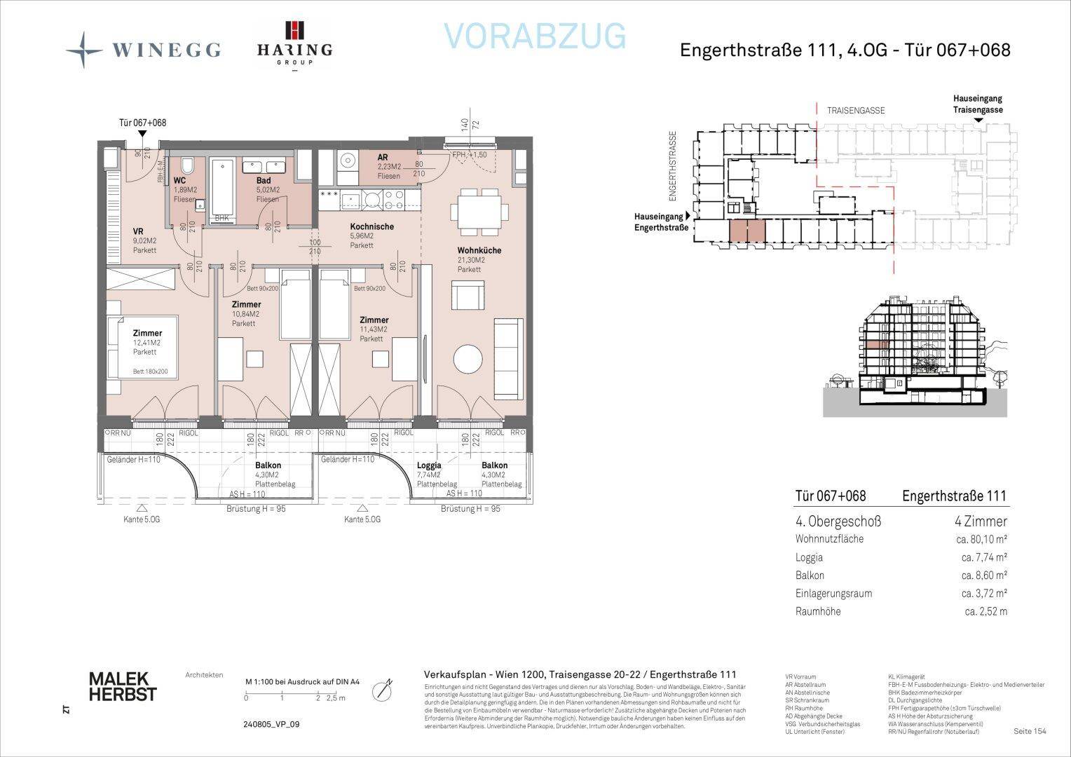Grundriss einer 4-Zimmer-Wohnung im 4. Obergeschoss mit offener Wohnküche, Bad, separatem WC, Balkonen und Loggia.