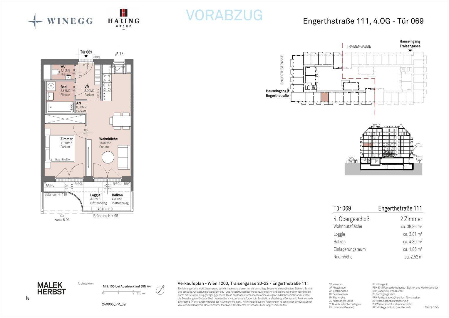 Detaillierter Grundriss einer Wohnung mit Loggia und Balkon im 4. Obergeschoss.