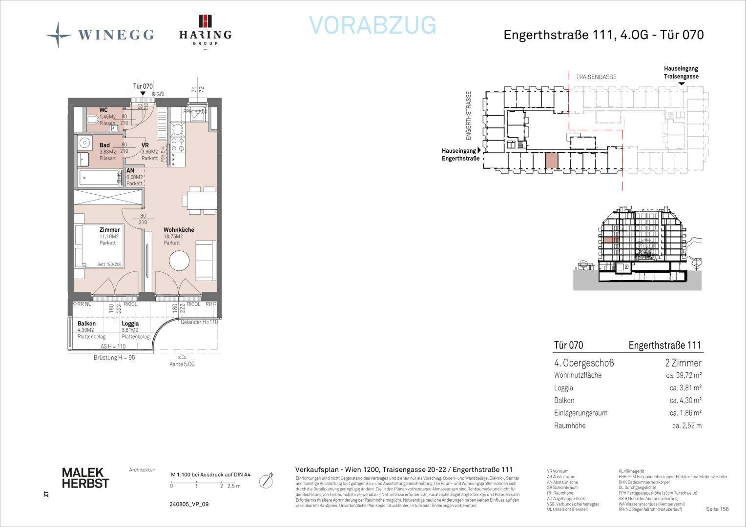 Detaillierter Grundriss einer Wohnung mit Wohnküche, Zimmer und Balkon.