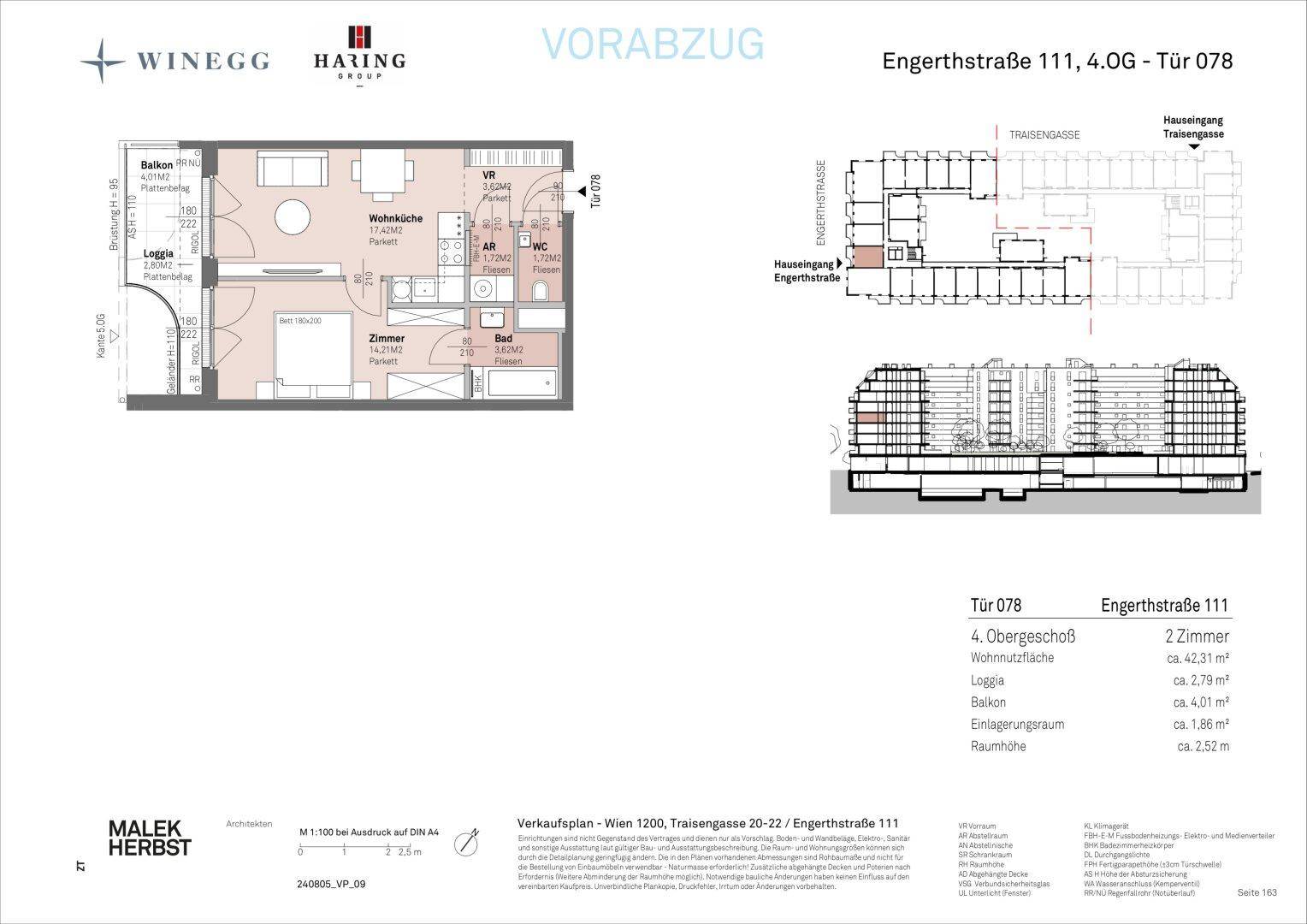 Detaillierter Grundriss einer Wohnung mit zwei Zimmern, Loggia und Balkon.