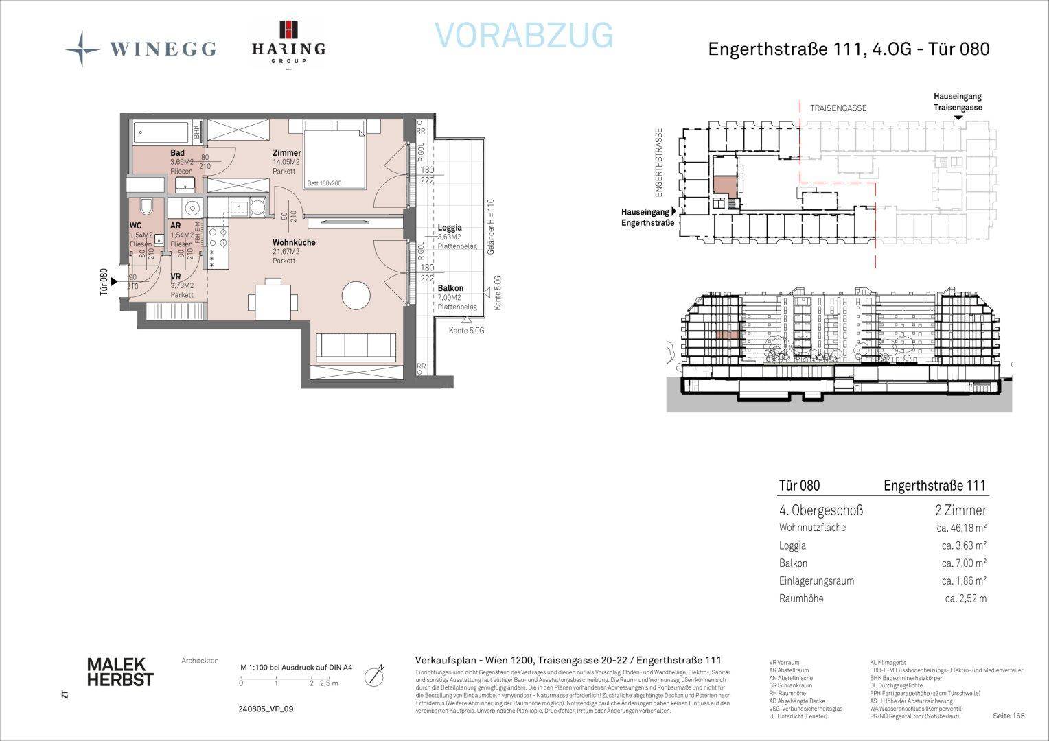 Grundrissplan einer Wohnung mit offener Wohnküche, einem Schlafzimmer, Bad, separatem WC, Loggia und Balkon.