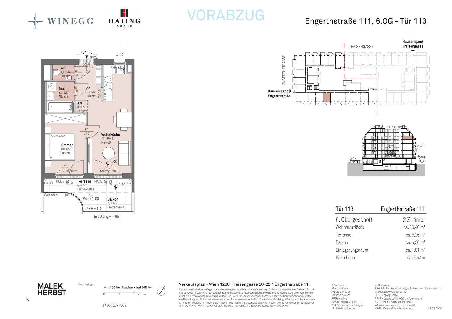 Detaillierter Grundriss einer Wohnung mit Wohnküche, Zimmer, Bad, WC, Terrasse und Balkon.