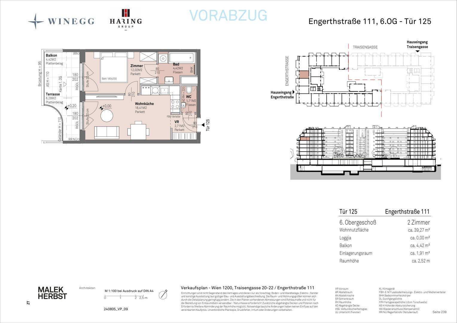 Grundriss einer Wohnung im 6. Obergeschoss mit offener Wohnküche, Schlafzimmer, Bad, separatem WC, Balkon und Terrasse.