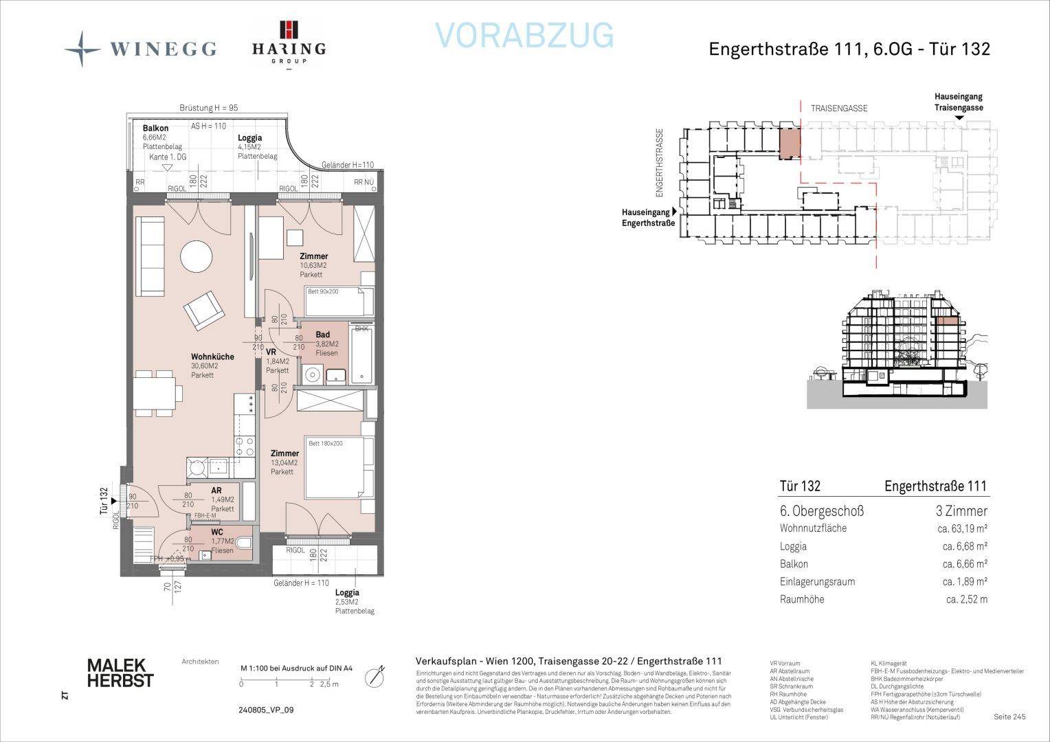 Grundriss einer modernen Wohnung mit offener Wohnküche, zwei Schlafzimmern, Bad, separatem WC, Balkon und Loggia.