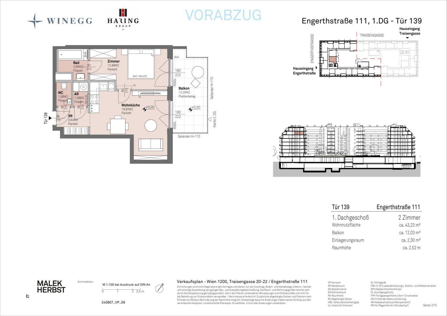 Grundriss einer Wohnung mit offenem Wohn-Essbereich, einem Schlafzimmer, Bad, separatem WC und Balkon.