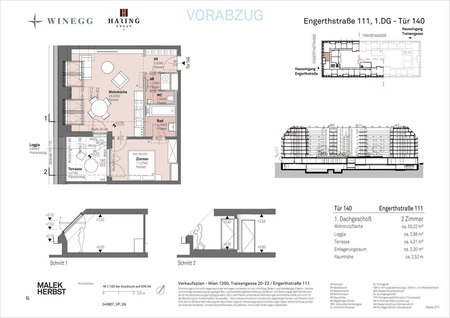 Grundriss einer 2-Zimmer-Wohnung im Dachgeschoss mit offener Wohnküche, Loggia und Terrasse.