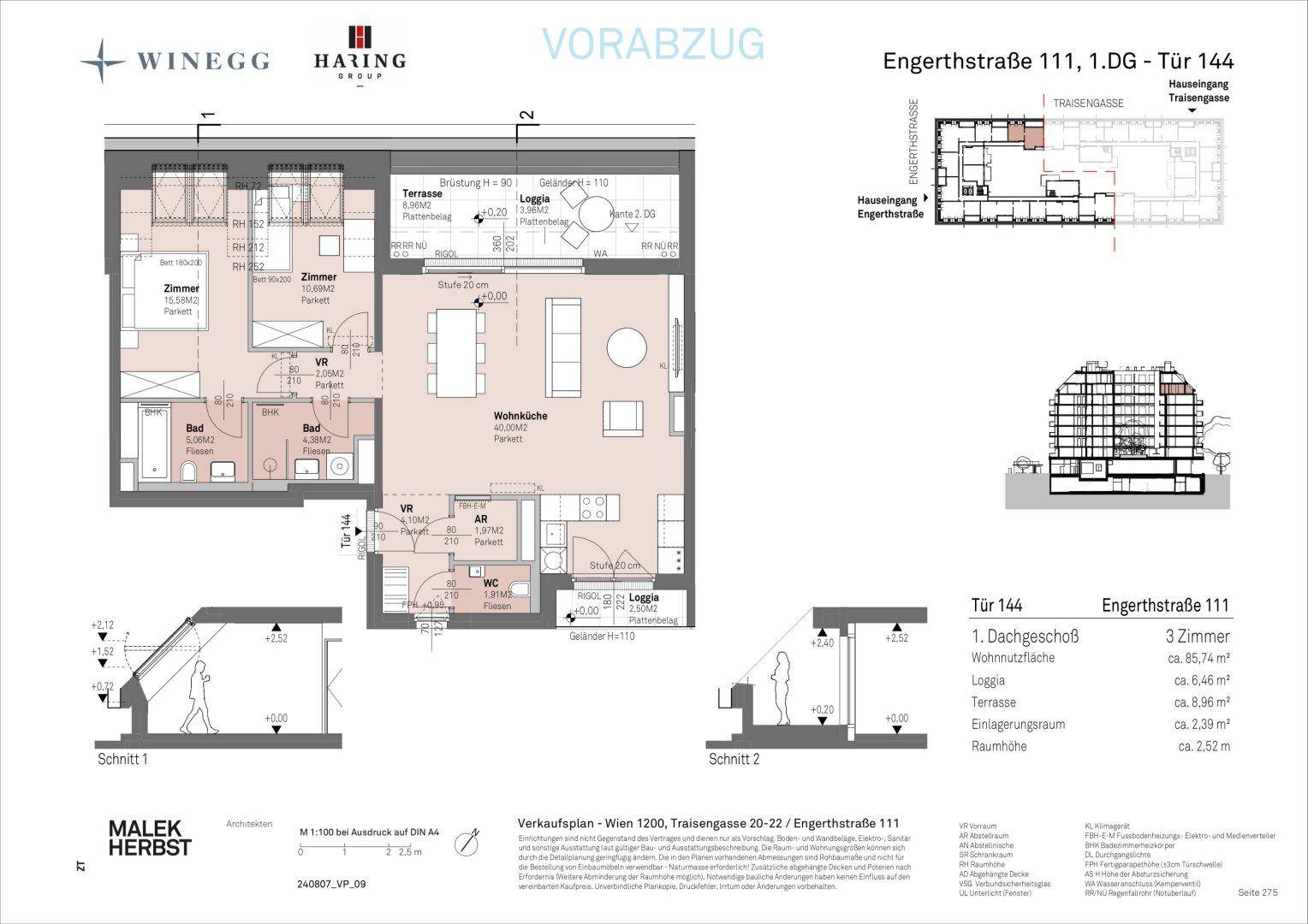 Dieser Grundriss zeigt eine Wohnung mit offener Wohnküche, zwei Schlafzimmern, zwei Bädern, einem Gäste-WC, einer Terrasse und einer Loggia.