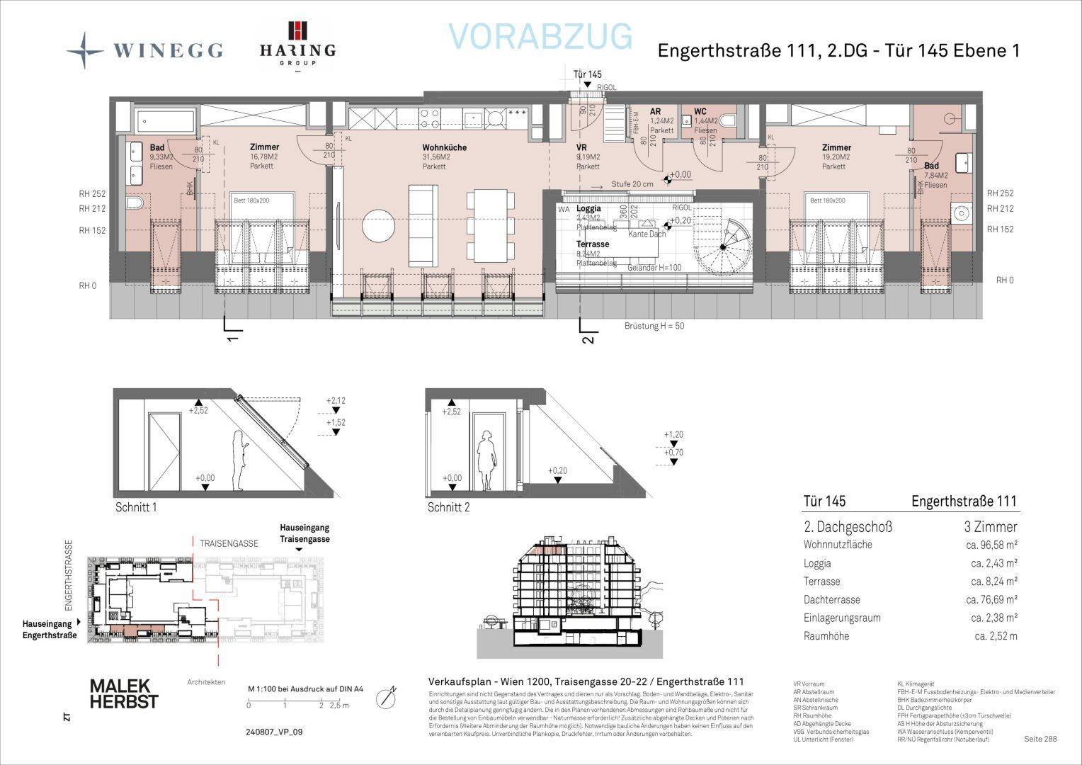 Detaillierter Grundriss einer modernen Wohnung mit drei Zimmern, offener Wohnküche, Loggia und großer Terrasse.