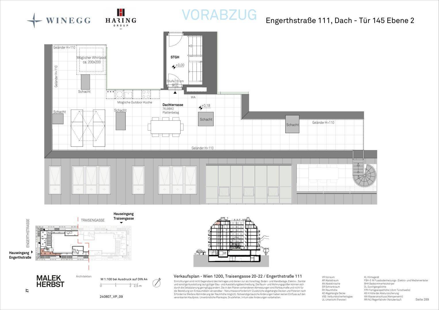 Grundriss der oberen Ebene einer Maisonette-Wohnung mit großer Dachterrasse und offenem Wohnbereich.