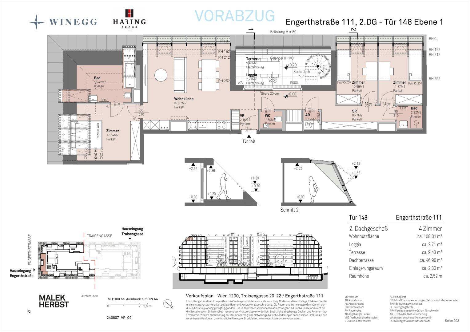 Detaillierter Grundriss der unteren Ebene einer Maisonettewohnung mit offener Wohnküche, Terrasse und Loggia.