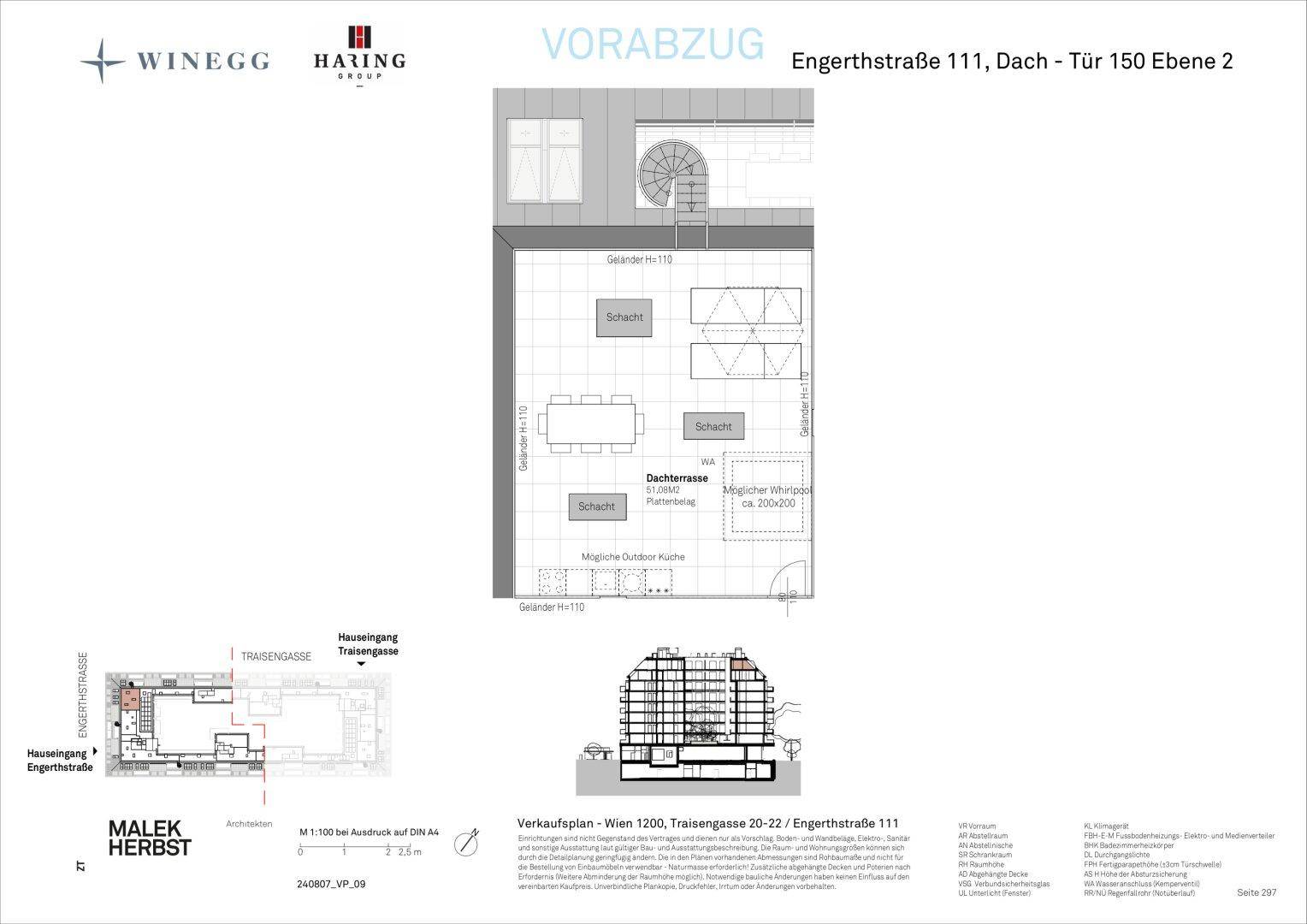 Grundriss der oberen Ebene mit großer Dachterrasse, Platz für Whirlpool und Außenküche.