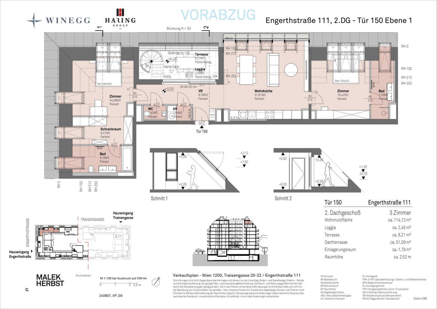 Grundriss einer Dachgeschosswohnung mit offenem Wohnbereich, zwei Schlafzimmern, Bädern, WC, Schrankraum und großer Terrasse.