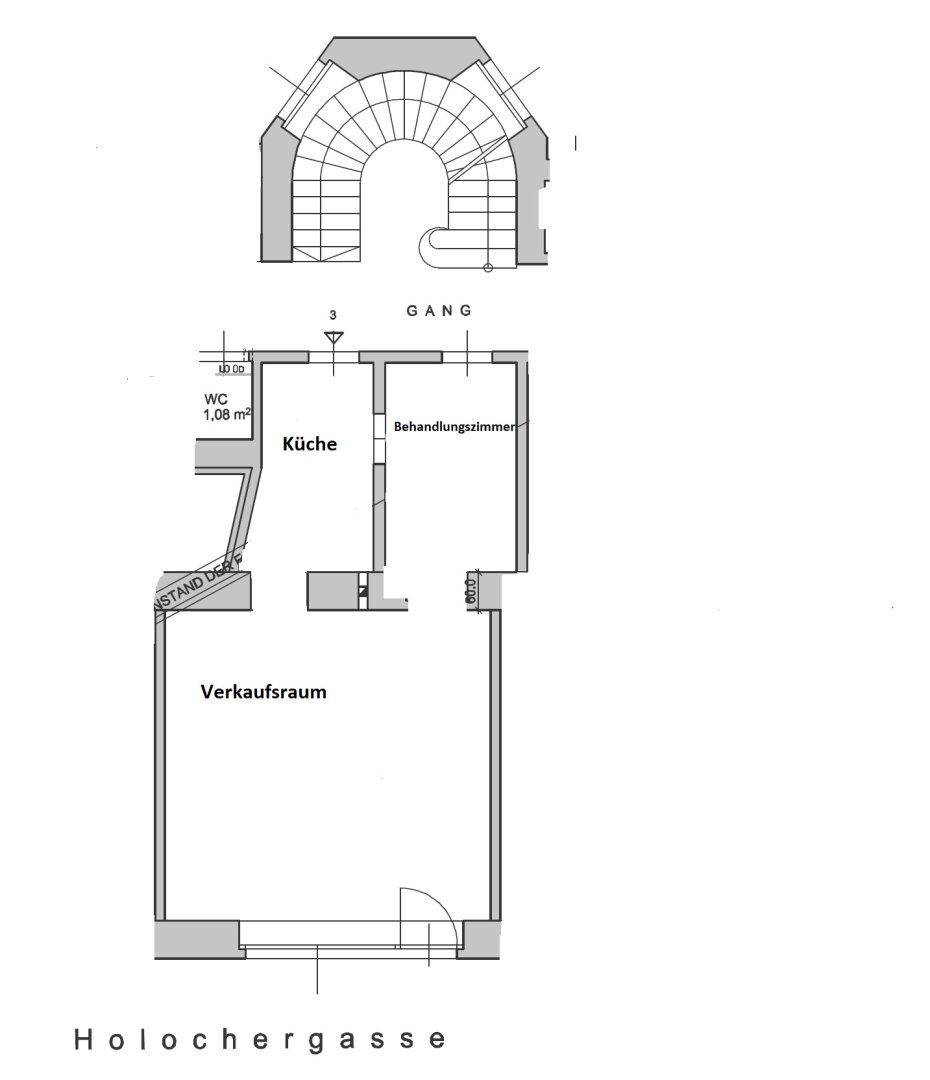 Grundrissplan einer Gewerbefläche mit Verkaufsraum, Küche, WC und Behandlungszimmer.