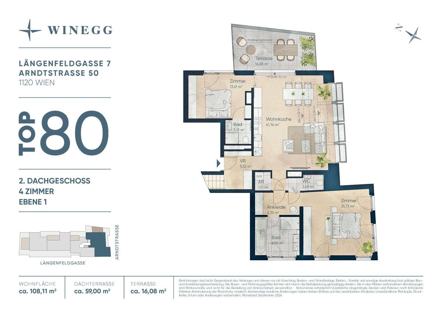 Grundriss der ersten Ebene einer Dachgeschosswohnung mit offener Wohnküche, Schlafzimmern und Terrasse.
