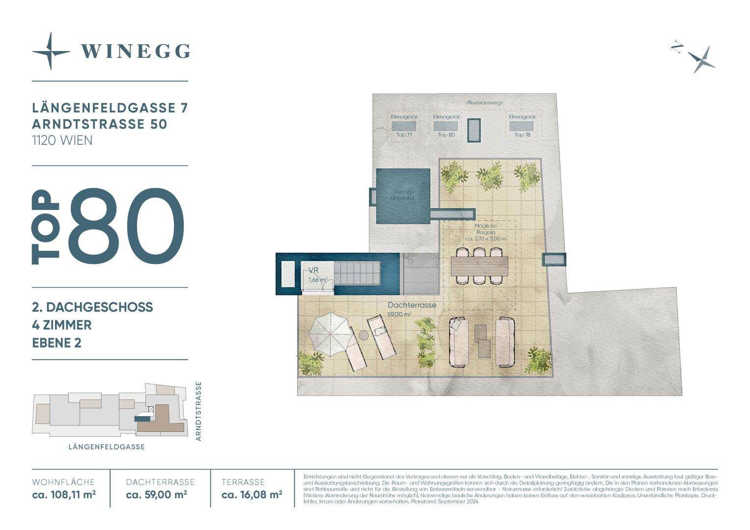 Grundriss der zweiten Ebene einer Dachgeschosswohnung, die eine großzügige Dachterrasse zeigt.