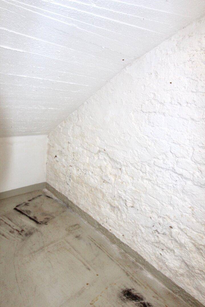 Einfacher Kellerraum mit rauen, weiß getünchten Wänden und einem robusten Betonboden.