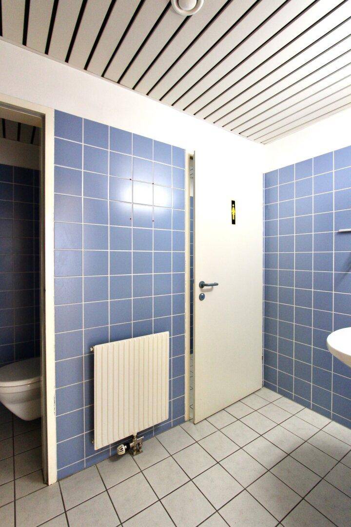 Badezimmer mit blauen Fliesen an den Wänden, weißem Heizkörper und Deckenverkleidung.