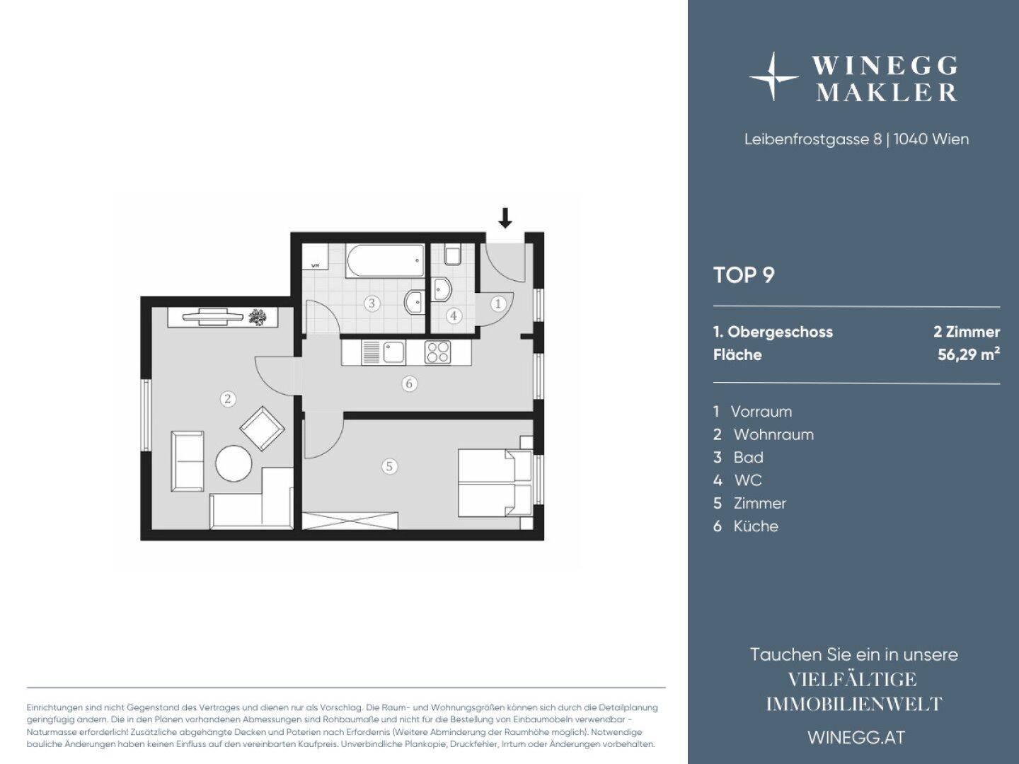 Grundrissplan einer Wohnung mit zwei Zimmern und einer Fläche von 56,29 m².