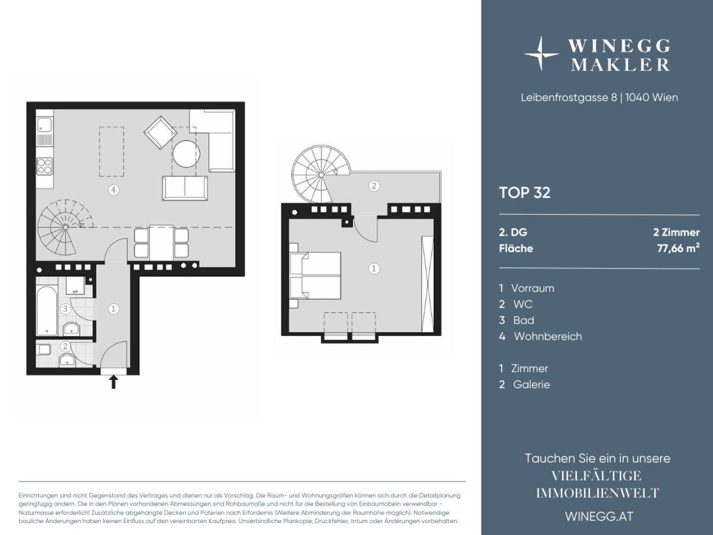 Grundriss der Dachgeschosswohnung mit zwei Ebenen und Wendeltreppe.