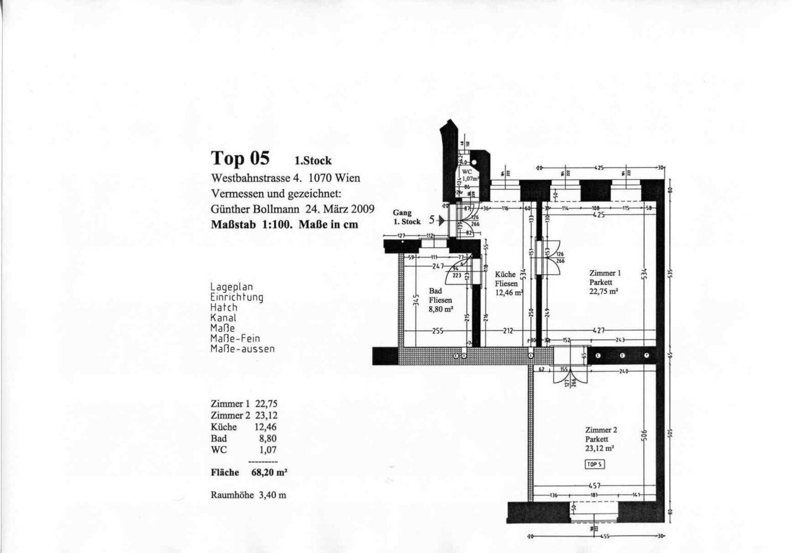 Grundriss der Wohnung Top 05 im 1. Stock mit 68,20 m² Wohnfläche.