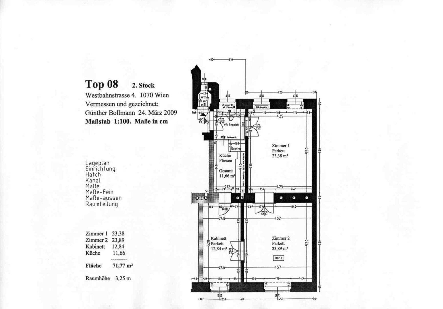 Grundriss der Wohnung Top 08 im 2. Stock mit drei Zimmern, separater Küche, WC und Dusche.