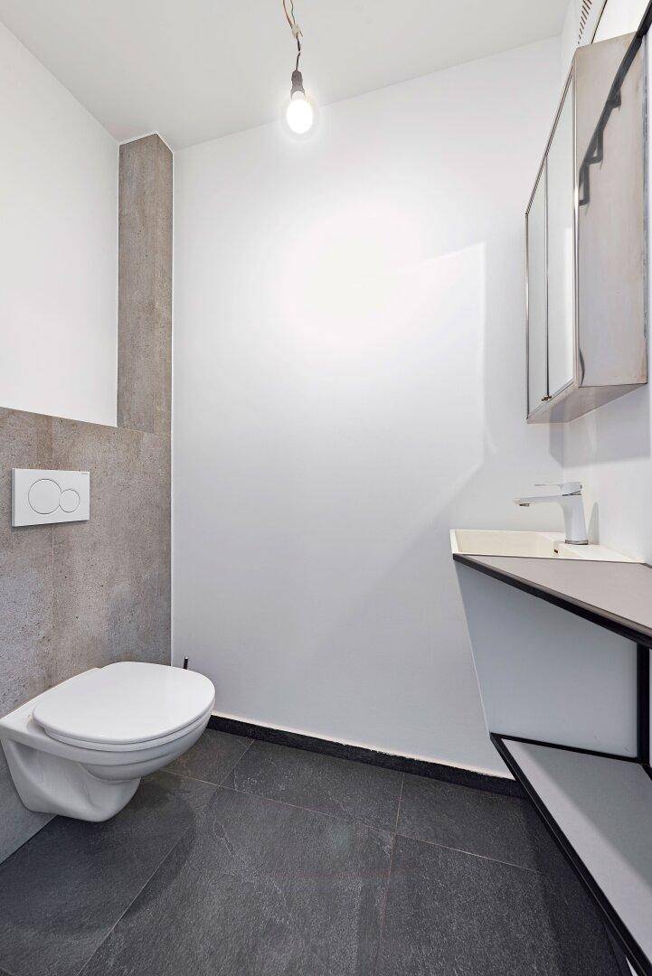 Funktionales Gäste-WC mit wandhängender Toilette, kleinem Waschbecken und Spiegelschrank.