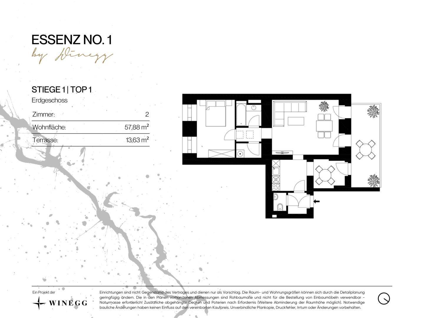Grundriss der Wohnung "Essenz No. 1" mit 57,88 m² Wohnfläche und 13,63 m² Terrasse.