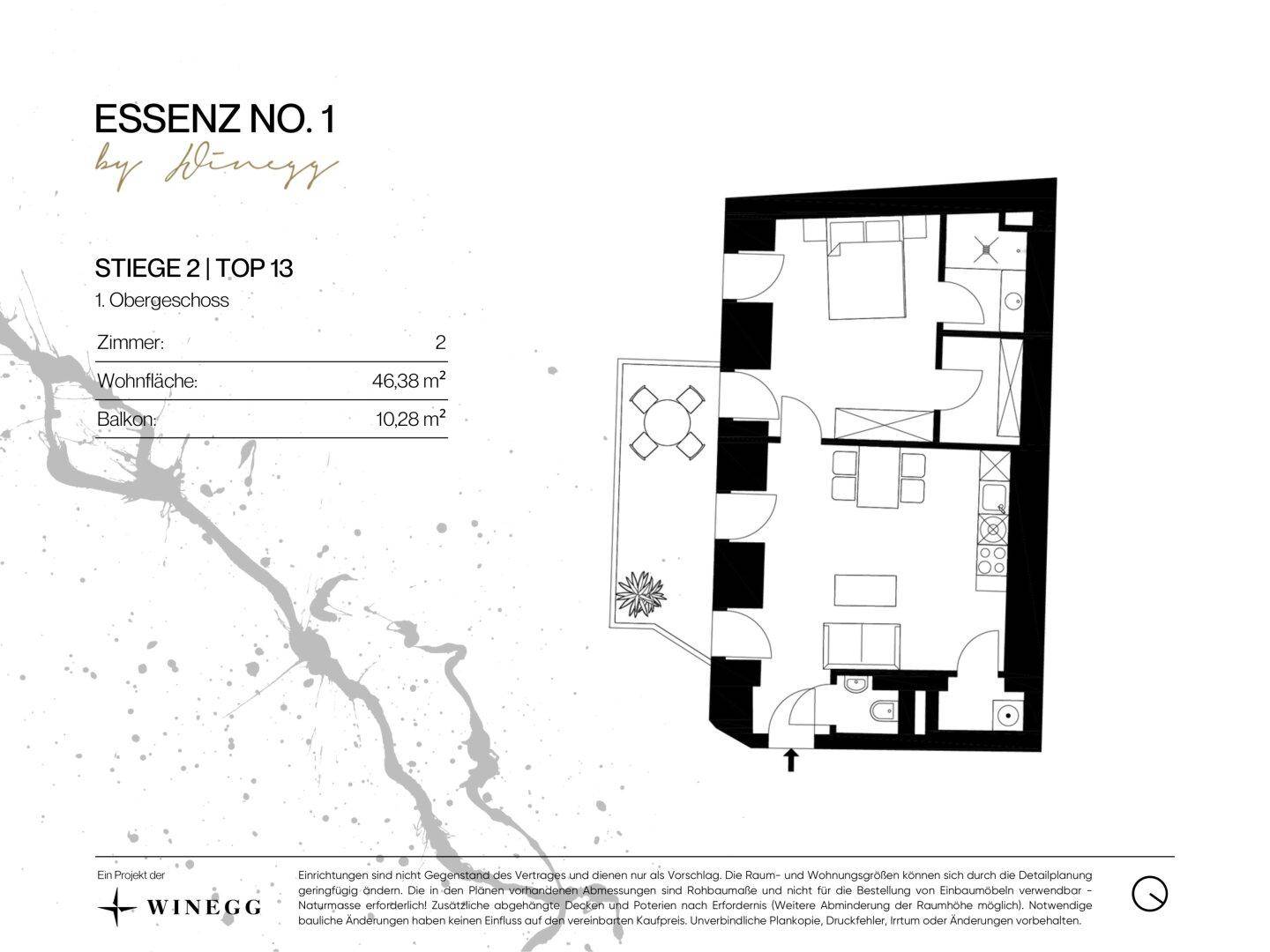 Grundriss einer 2-Zimmer-Wohnung mit 46,38 m² Wohnfläche und Balkon.