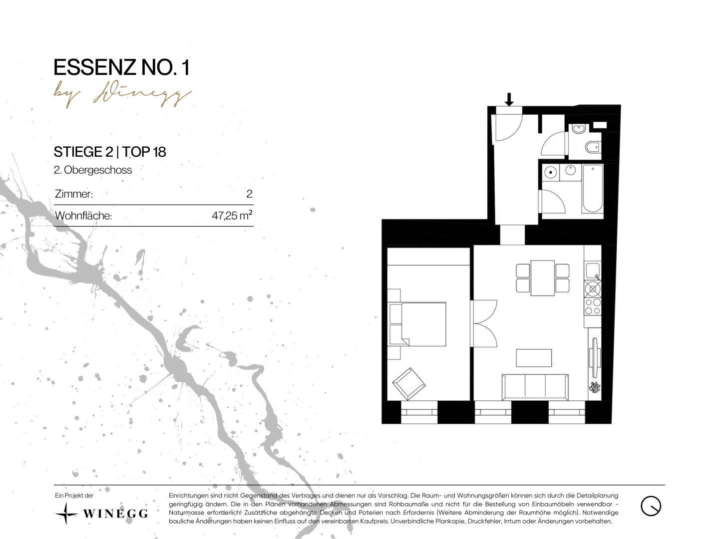 Grundriss einer 47,25 m² großen Wohnung im zweiten Obergeschoss mit zwei Zimmern und offenem Wohnbereich.