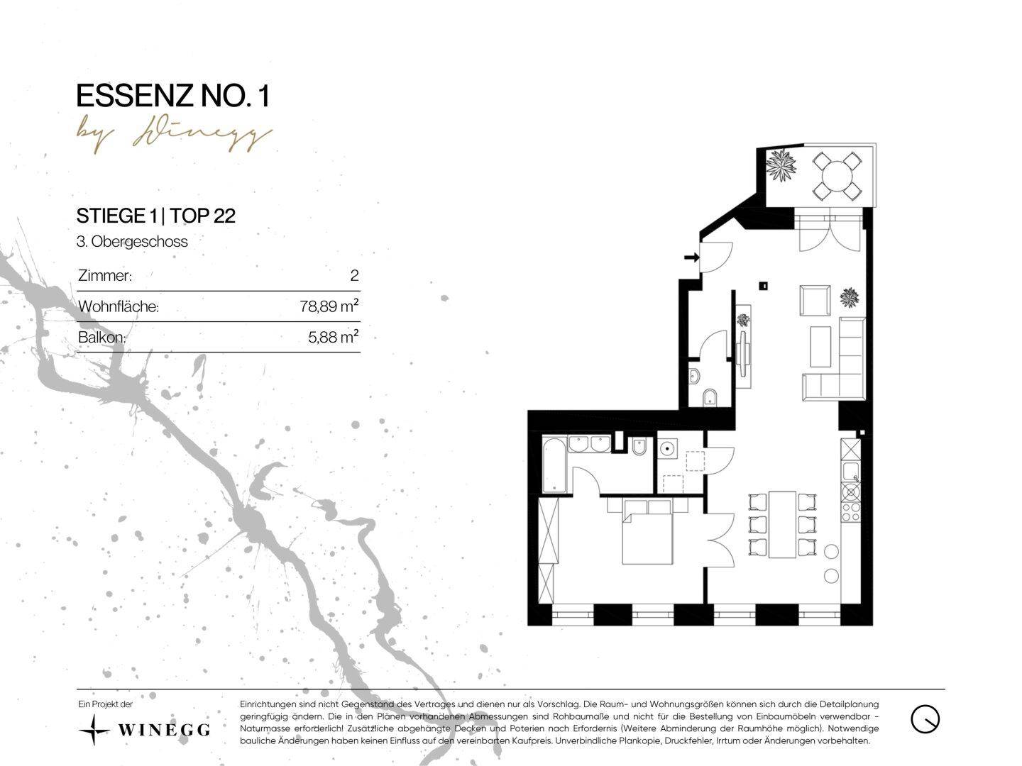 Grundriss einer Wohnung im dritten Obergeschoss mit 78,89 m² Wohnfläche und Balkon.