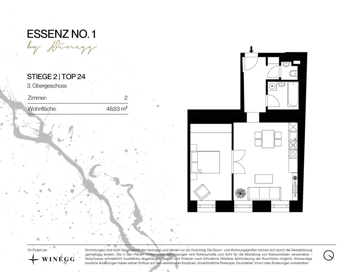Grundriss einer 2-Zimmer-Wohnung mit 48,63 m² Wohnfläche und offenem Wohnbereich.